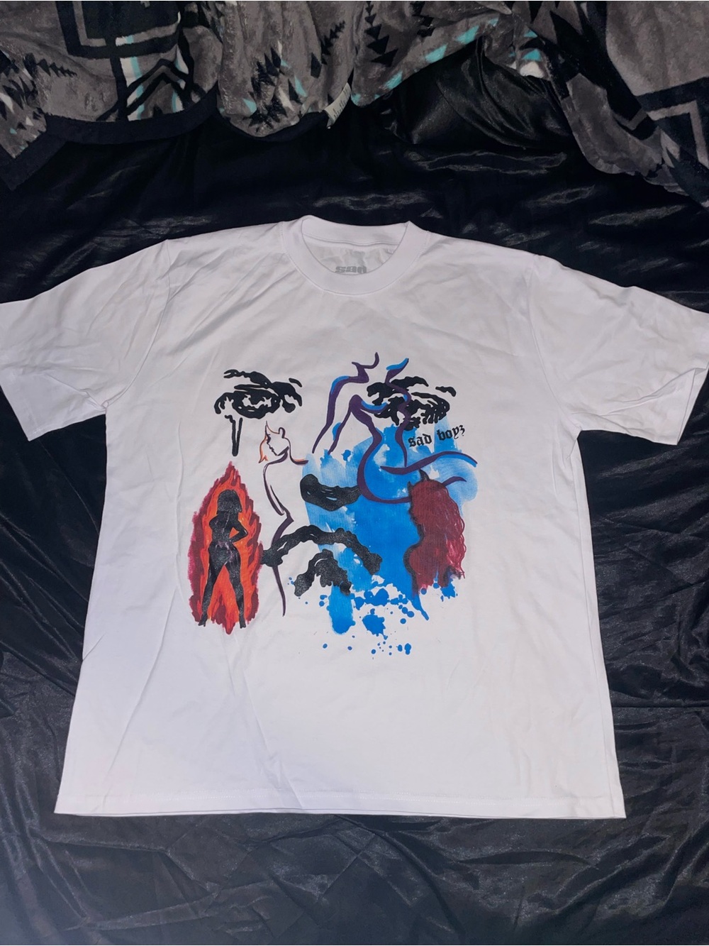 White Graphic Short Sleeve Tee with Blue & Red Artwork